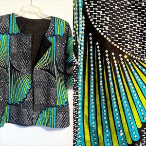WOMENS LARGE? AFRICAN PRINT RHINESTONE RUFFLE BELL SLEEVE OPEN FRONT JACKET